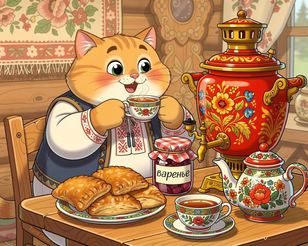 Cartoon Orange Tabby Cat Enjoying Tea with Samovar
