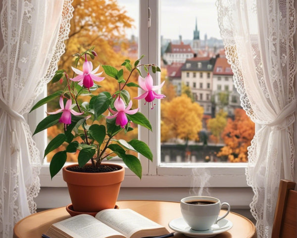 Cozy Indoor Scene with Fuchsia Plant and Autumn View