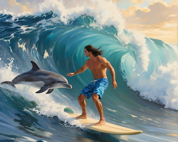 Surfer Riding Wave with Dolphin at Sunset Scene