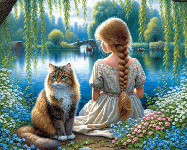Young girl by tranquil lake with cat and greenery