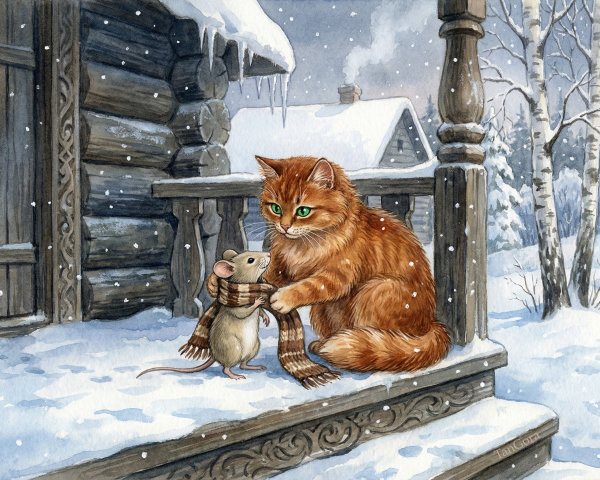 Watercolor of Orange Tabby Cat and Mouse in Snow