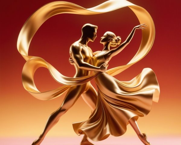 Golden Statuette of Dancing Couple on Gradient Background