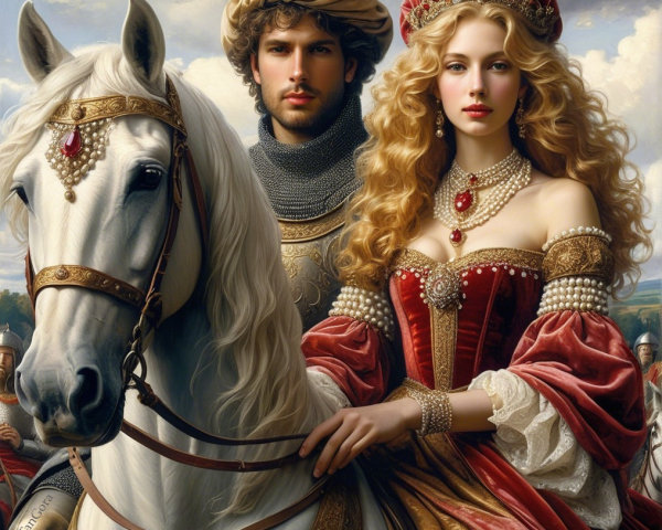 Regal Couple with White Horse in Medieval Setting