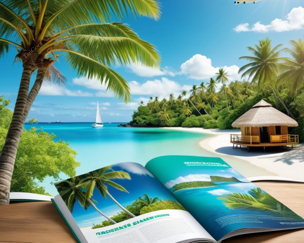 Vibrant Beach Scene with Palm Trees and Sailboat