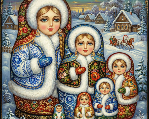 Intricate Painting of Russian Matryoshka Dolls in Winter