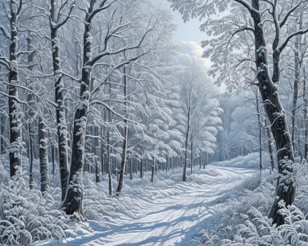 Snowy Forest Clearing with Winding Path and Trees