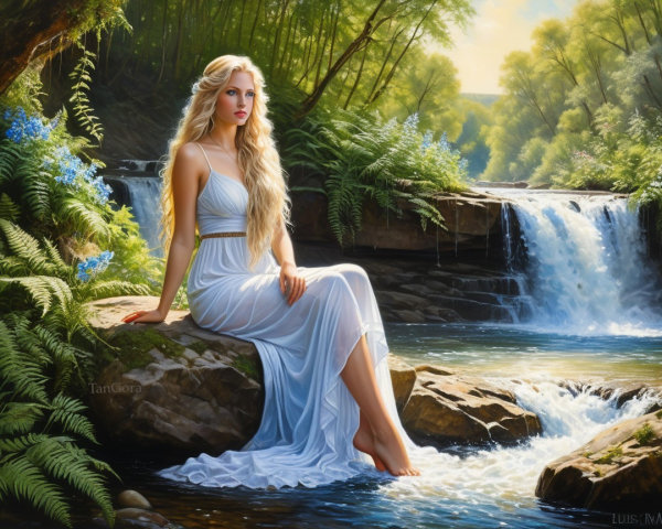 Serene Woman in White Dress by Tranquil Stream