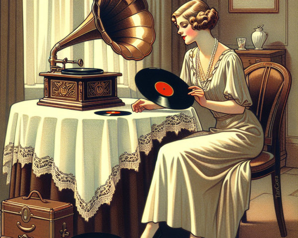 Vintage Scene of Woman with Gramophone and Records