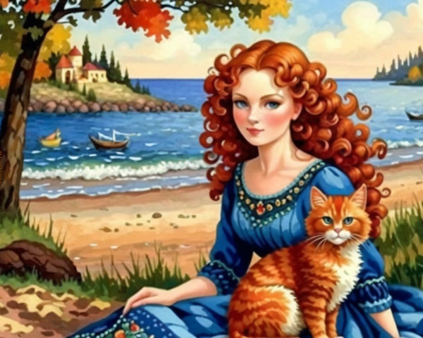 Serene Beach Scene with Woman and Cat by Coastline
