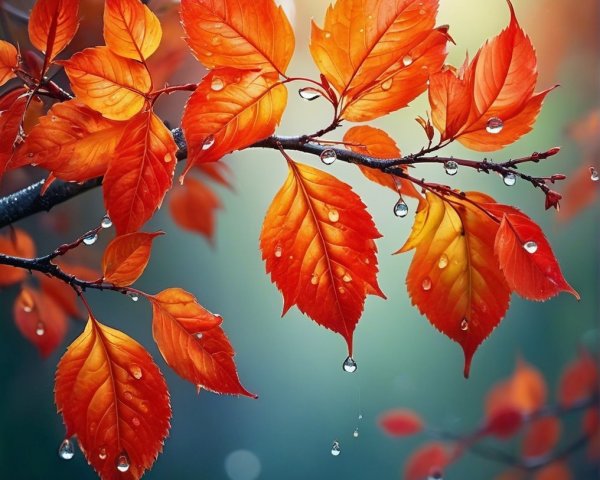 Vibrant Autumn Leaves with Water Droplets on Branch