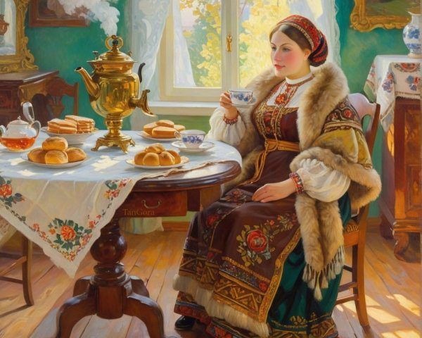 Woman in traditional attire enjoying tea in cozy setting