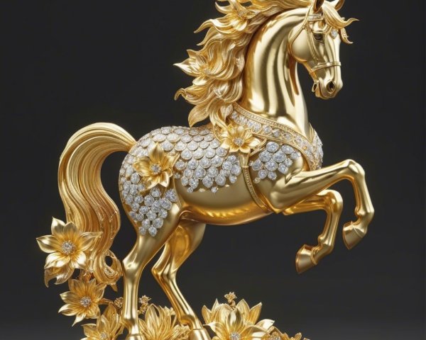 Golden horse sculpture with intricate patterns and diamonds
