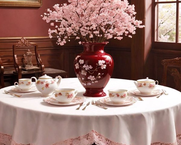 Elegant Table Setting with Cherry Blossoms and Teaware