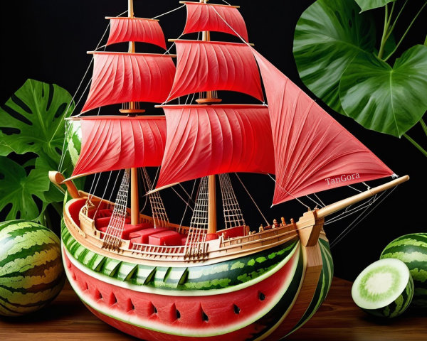 Watermelon Sailing Ship Model with Bright Red Sails