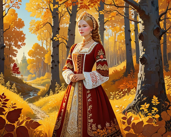 Woman in Red Dress in Autumn Forest Setting