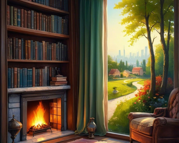 Cozy Room with Bookshelf and Scenic View