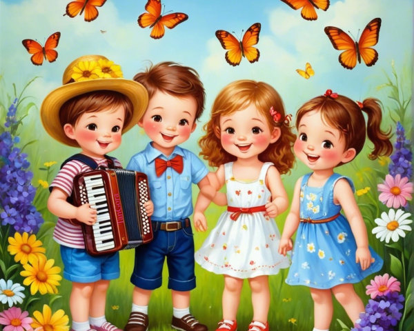 Children Playing in Colorful Meadow with Flowers