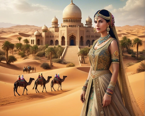 Regal Woman in Golden Desert with Palace and Camels