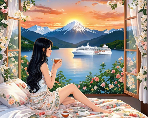 Serene Scene of a Young Woman by a Lake Window