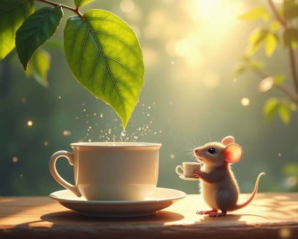 Tiny Mouse with Cup Beside Large White Cup in Nature