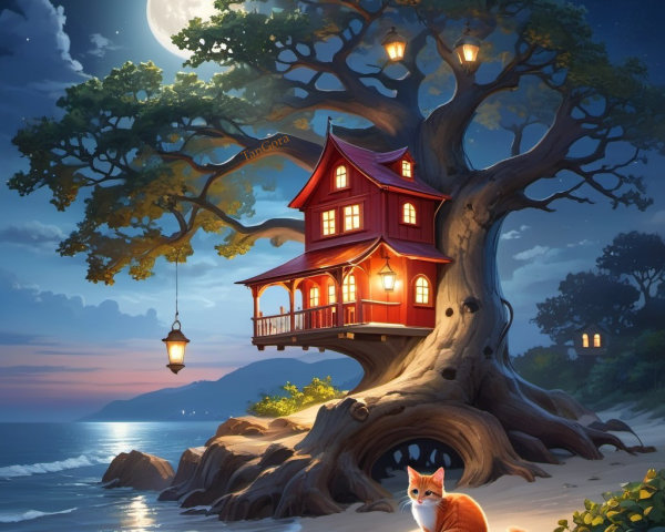 Whimsical Treehouse by the Beach at Night