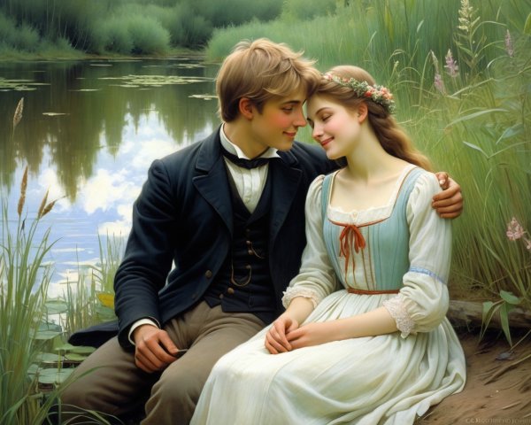 Young Couple by Serene Pond in Lush Greenery
