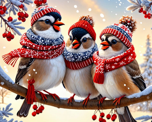 Cheerful birds on snowy branch with festive accessories
