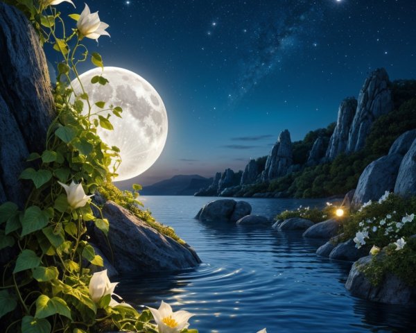 Serene Nightscape with Moonlit Lake and Flowers