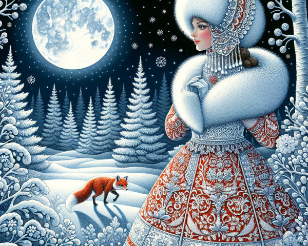Winter Scene with Woman in Ornate Dress and Fox