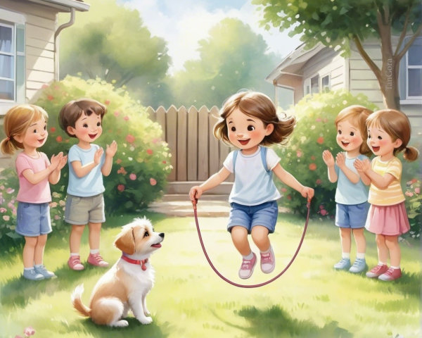 Young Girl Skipping Rope in Sunny Backyard Scene