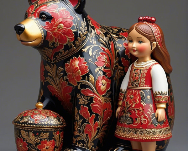 Bear Figurine and Girl in Traditional Attire Display