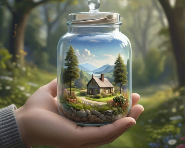 Miniature cottage scene in a glass jar with nature