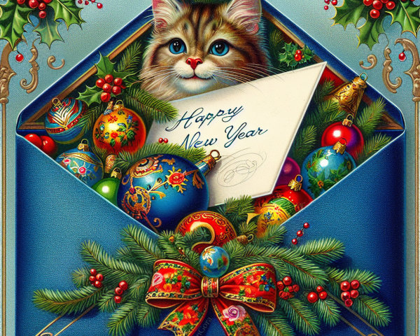 Intricate Illustration of Cat and Christmas Decorations