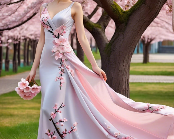 Woman in Floral Gown Among Cherry Blossom Grove