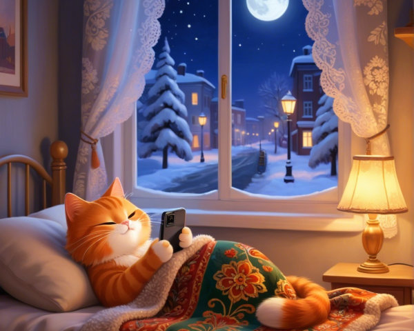 Cozy Bedroom Scene with Cat and Winter Night View