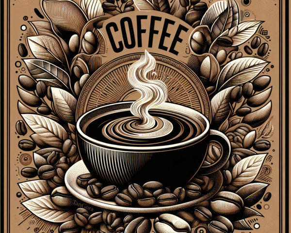 Stylized Coffee Cup Surrounded by Beans and Leaves
