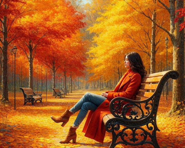 Autumn Scene with Woman on Bench in Colorful Park