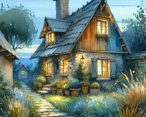 Charming Cottage Surrounded by Lush Greenery and Lights