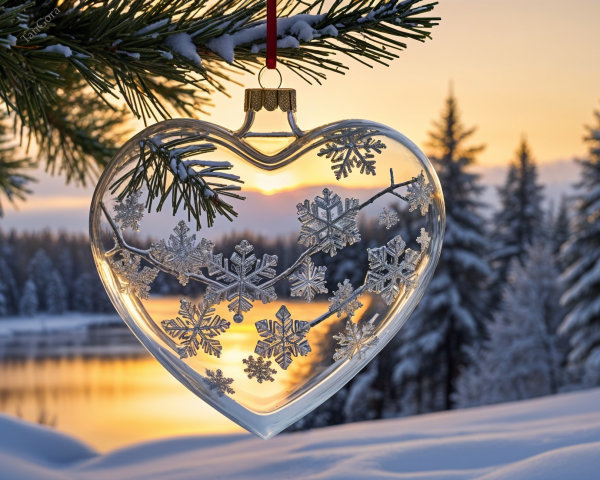Heart-Shaped Ornament on Pine Branch in Winter Scene