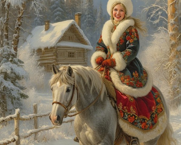 Blonde Woman in Blue Winter Coat Riding Grey Horse