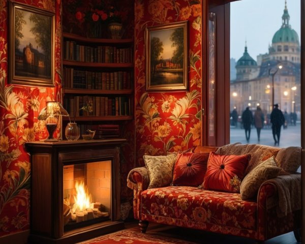 Cozy Living Room with Warm Light and Floral Sofa