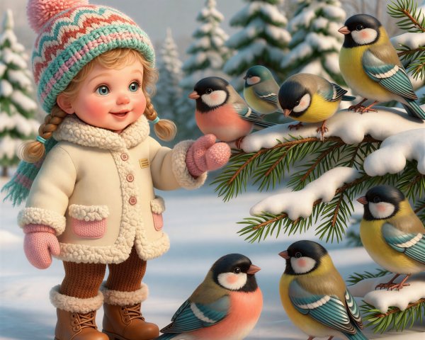 Festive Digital Painting of a Girl in Snow with Birds