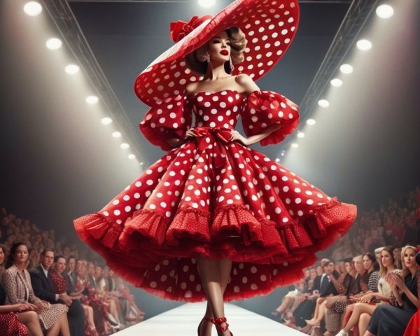 Glamorous Model in Vintage Polka-Dot Dress on Runway