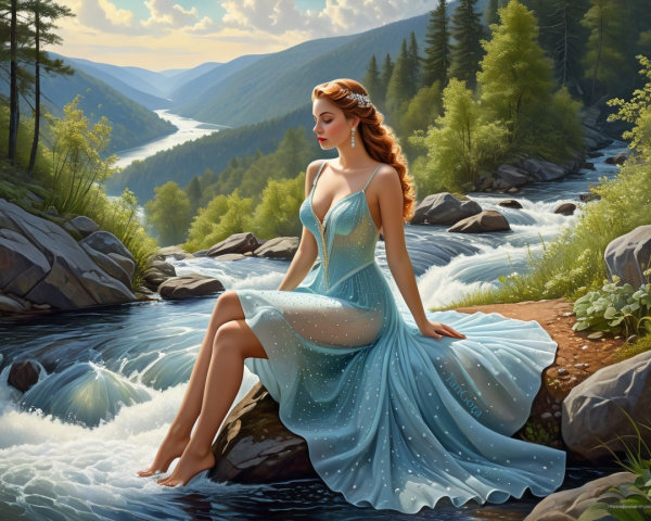 Young Woman in Blue Dress by Tranquil River Scene