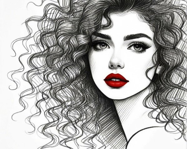 Line Drawing of Woman with Curly Hair and Bold Features