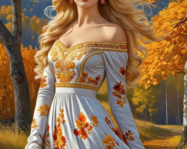 Young Woman in White Gown Amid Autumn Landscape