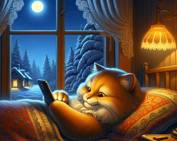 Cozy Room with Cat, Smartphone, and Winter Landscape
