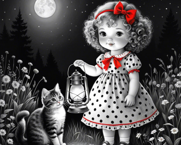 Whimsical Scene of Girl with Lantern in Moonlit Forest