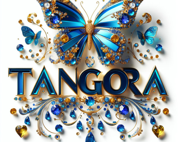Ornate butterfly design with blue and gold gemstones