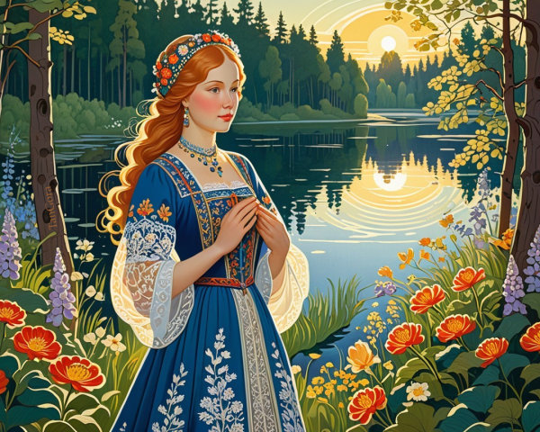 Young Woman in Blue Dress by Tranquil Lake at Sunrise